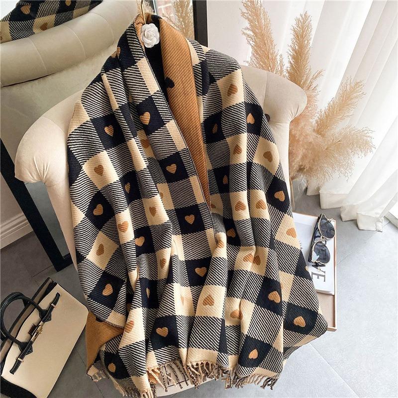 Winter Love Plaid Scarf Women's Versatile Imitation Cashmere Warm Fringed Shawl Thickened Scarf