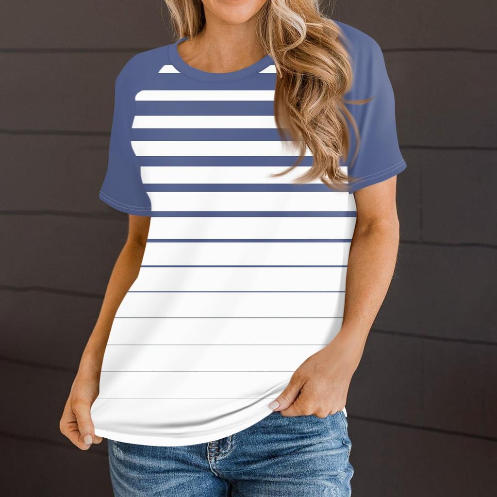 Женская летняя повседневная полосатая градиентная футболка с круглым вырезом и рукавом реглан с коротким рукавом