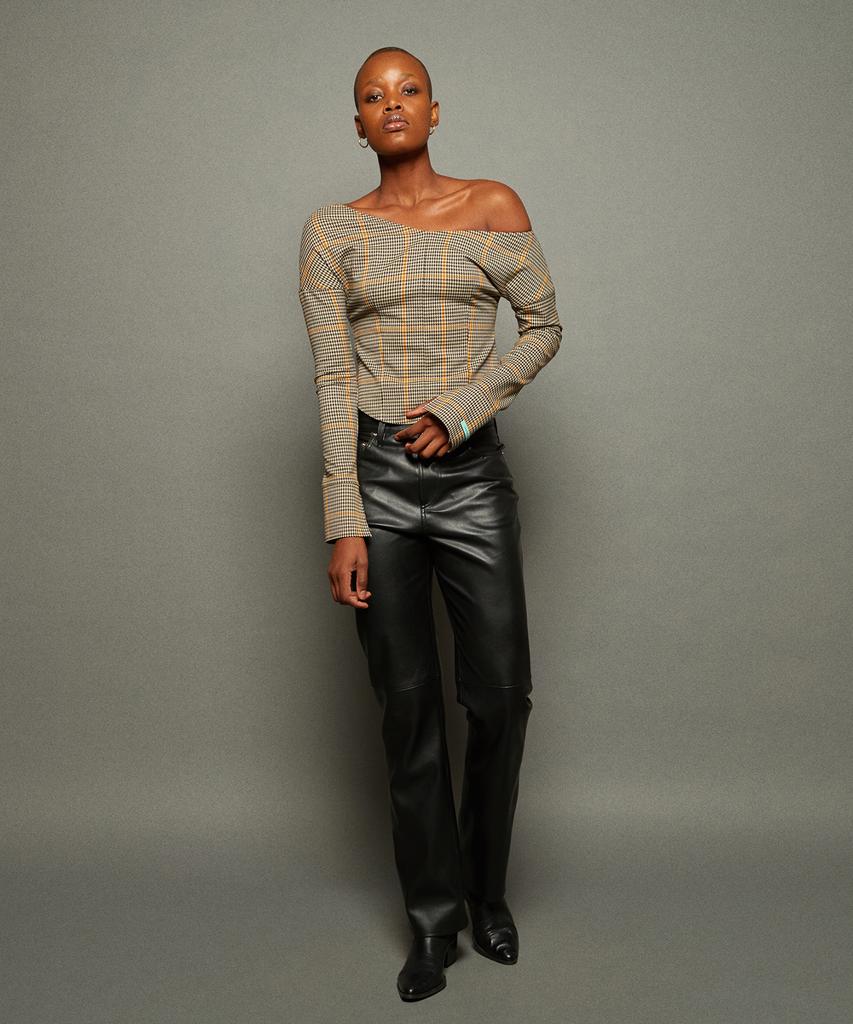 INSTANTFUNK V-Neck Check Blouse - Brown