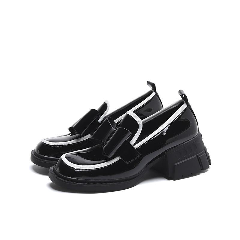 Новые лакированные черно-белые туфли, женские туфли в стиле ретро на толстой подошве, маленькие кожаные туфли в британском стиле, лоферы с бантом на массивном каблуке и квадратным носком