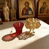 Позолоченная православная католическая лампада с резными крестами и красным стеклянным стаканом для церковной литургии домашнего алтаря молитвы христианская