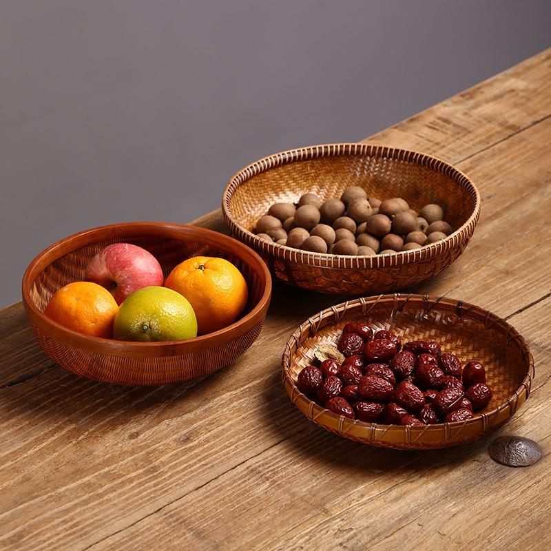 Lacquered Bamboo Woven Basket: Round Retro Fruit, Snack, and Tea Tray