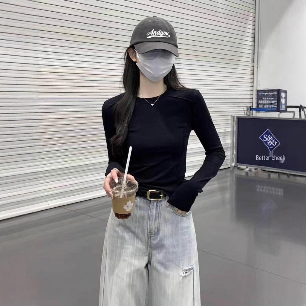 Женский топ с круглым вырезом, осенний, 2025, с косточками на плечах, приталенный, с длинным рукавом