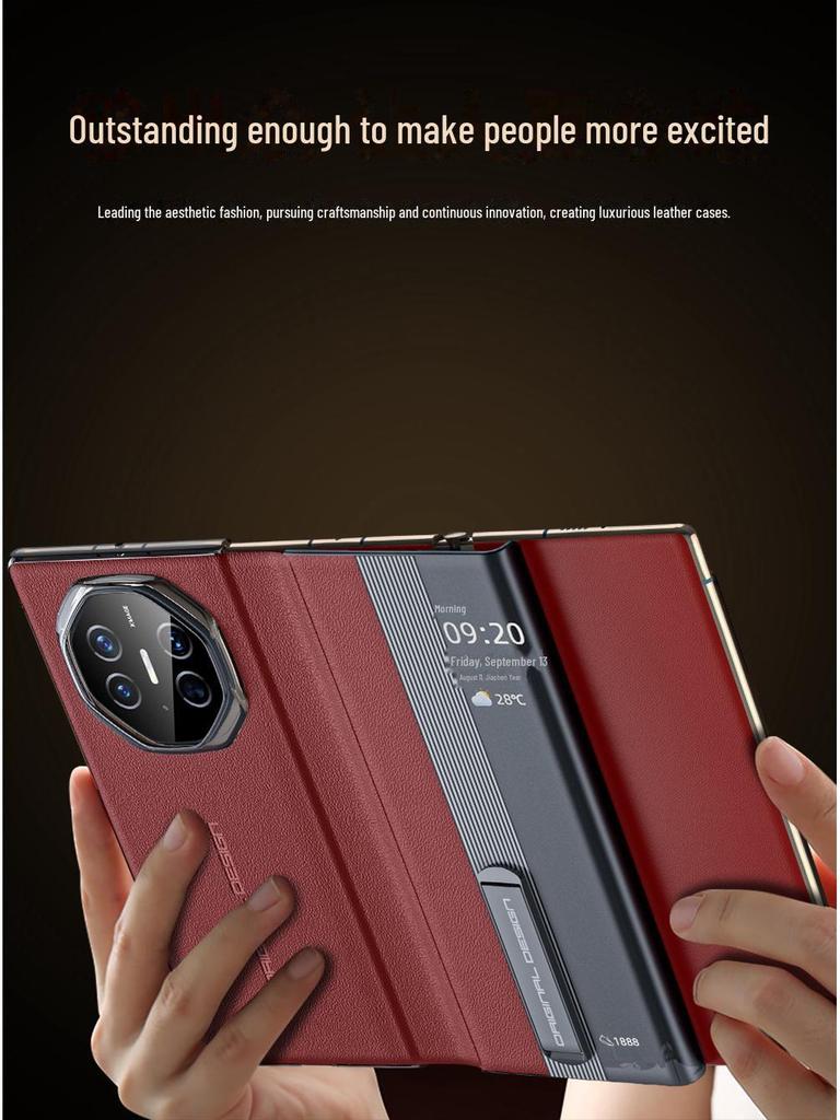 Кожаный чехол Huawei MateXT: Тройной чехол из натуральной коровьей кожи наппа с перфорацией, умным окном и кронштейном.