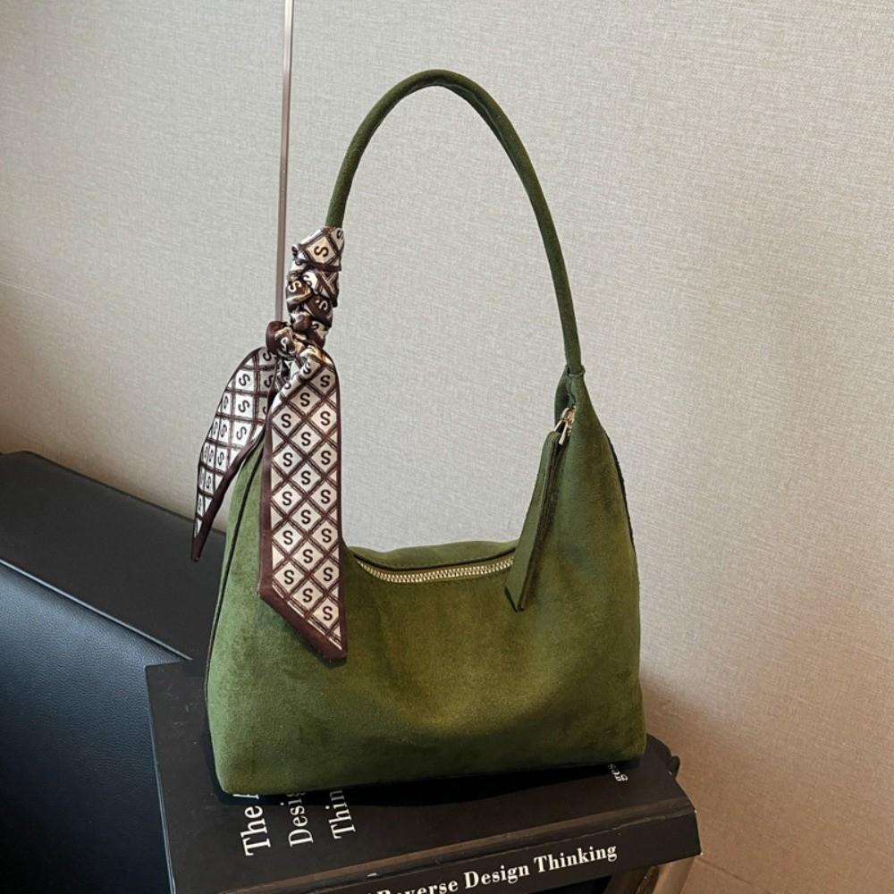 Fashion Faux Suede Underarm Bag Solid Color with Silk Scarf Decoration Shoulder Bag with Zipper Daily Use Tote Bag Women