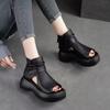 Fashion New Women's Hollow Breathable Hole Shoes Thick Sole Leather Fish Mouth Hook Loop Retro Comfortable Wedge Sandal Plus Size 43