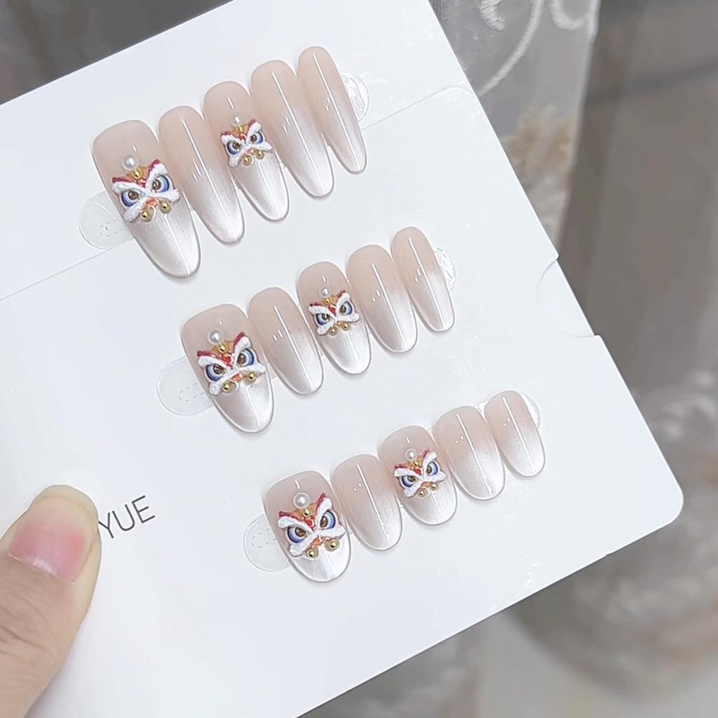 Чисто ручная работа Фототерапия Носимые Накладные Ногти Новый Год Лев Носимые Накладные Ногти Готовое Изделие Многоразовый Нейл-арт