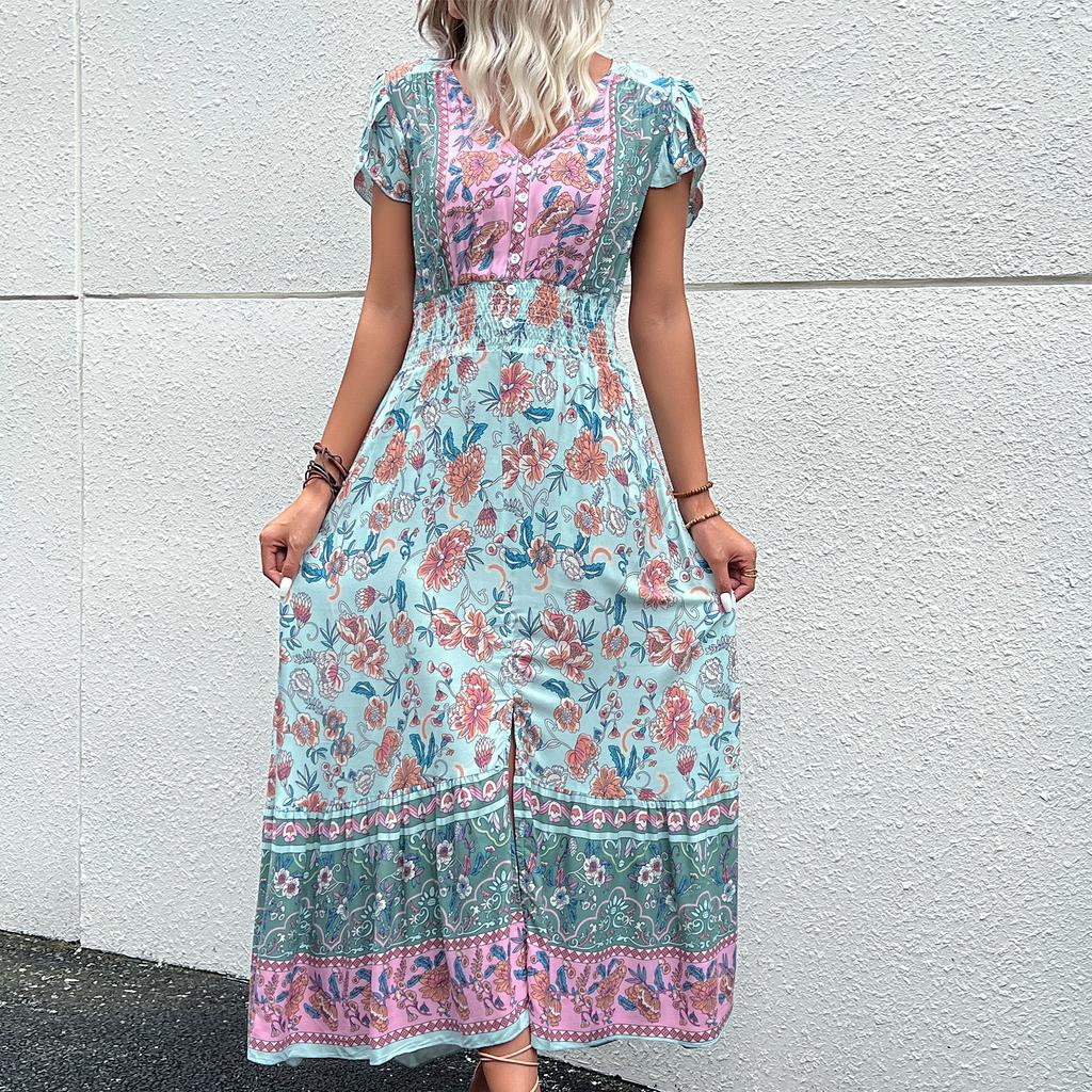 YYFS Women's Vintage Bohemia Fashion Summer Floral Print Short Sleeve V-Neck Casual Dresses