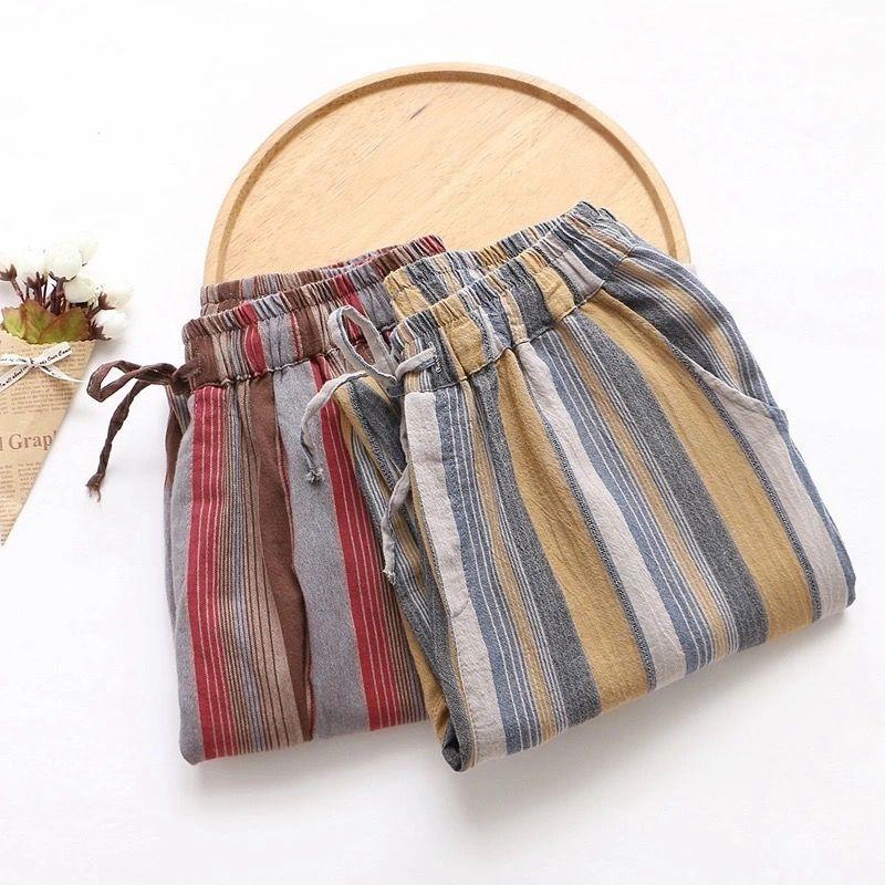 Женские полосатые укороченные брюки, свободные брюки-шаровары, летние ретро-художественные тонкие повседневные брюки