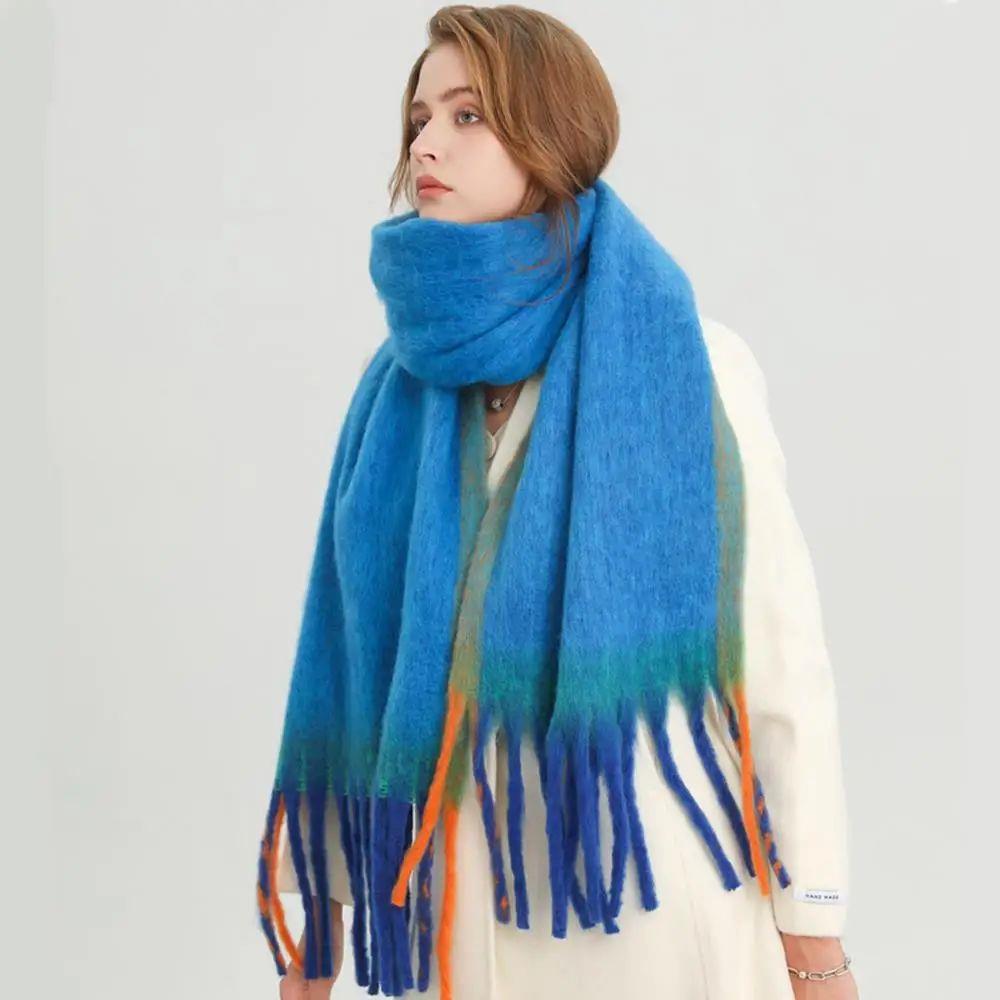 Double Sided Cashmere Shawl Tassel Scarf Windproof Wrapped Scarves Winter Women's Plaid Long Knitted Scarf Hijab Stole