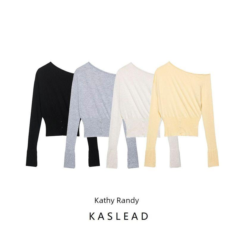 Kaslead New Women Clothes Western Style Fashion Slimming Versatile Sloping Shoulder off-Neck Split Sweater