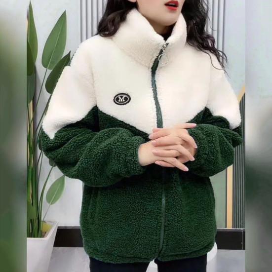 Women Winter Fall Coat Thickened Plush Color Matching Stand Collar Zipper Closure Long Sleeve Casual Cardigan Warm Heat Retention Pockets Lady