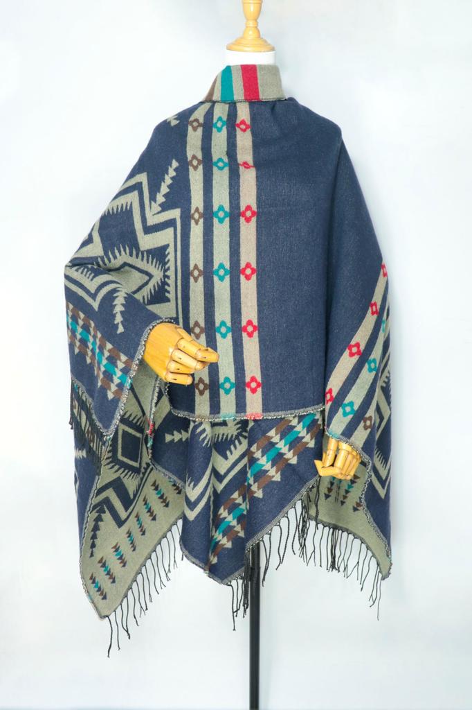 Large Check Pattern Large Shawl for Large Shawl for Fur Lap 2way [ROPUX] Shawl, Poncho, Muffler, Ortega, (navy/white), Winter, Women, Thick, Nepalese,