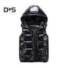 Men Cotton Vest Autumn Winter Hooded Sleeveless Zipper Placket Jacket with Pockets Solid Color Glossy Finish Down Quilted Vest Coat