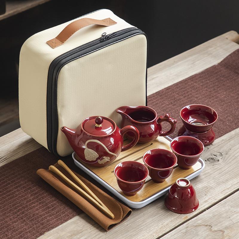 Дорожный чайный набор, портативная сумка для хранения, креативный керамический чайник для кунг-фу, чайный поднос, полный набор для деловых подарков