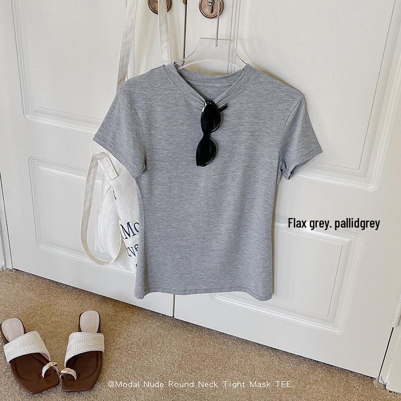 Женская приталенная футболка с коротким рукавом и круглым вырезом - Ощущение обнаженности, Прямое плечо, Удобная посадка