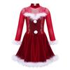 Girls Christmas Shiny Sequin Dance Dress Long Sleeve Feather Keyhole Back Jumpsuit Dress Performance Costume