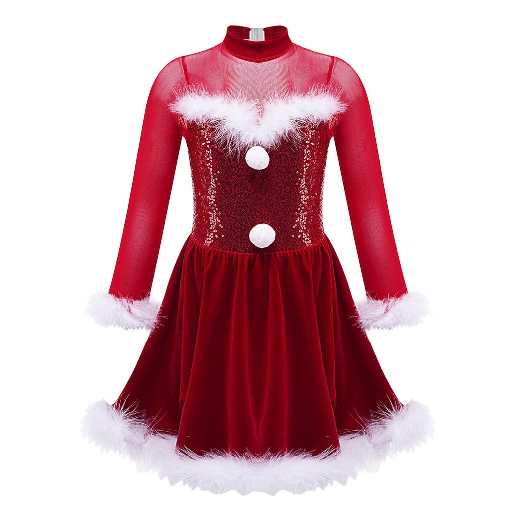Girls Christmas Shiny Sequin Dance Dress Long Sleeve Feather Keyhole Back Jumpsuit Dress Performance Costume