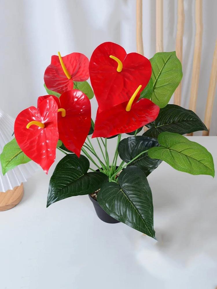 2 пучка красных пальмовых цветов, 10 цветов, искусственные растения, имитация антуриума, зеленые растения, предметы интерьера, украшения для отелей