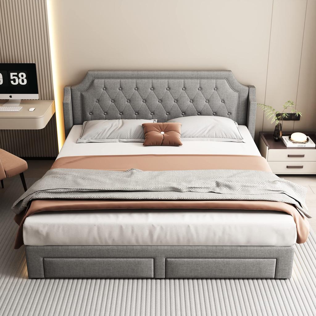 Polsterbett 180x200cm LED-Beleuchtung 2 Schubladen Stauraum Bettgestell Lattenrost Kopfteil Leinen klassisch Jugendbett Grau Ohne Matratze