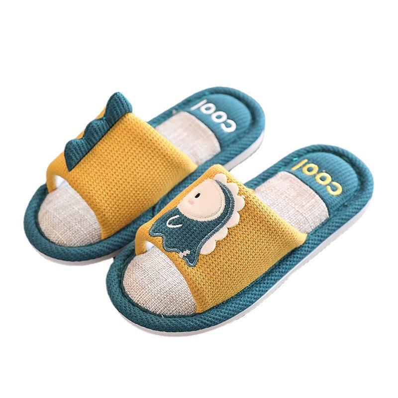 Children's Dinosaur Linen Slippers Female Spring and Autumn Seasons Home with Soft Bottom Cartoon Parent-child Cotton Linen Slippers Wholesale