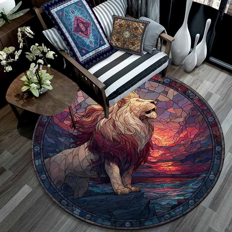 Lion Artwork Round Area Rug,Carpet Rug for Living Room Bedroom Sofa Playroom Decor,Non-slip Floor Mat