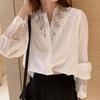 Лето 2023, кружевная рубашка, модная шифоновая блузка с цветочным крючком, сладкий фонарь с длинным рукавом, белые топы с воротником-стойкой, одежда 27143