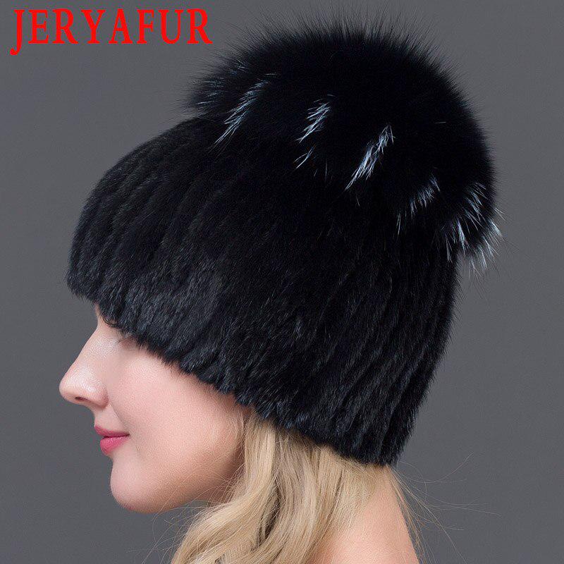 JERYAFUR Вязаная женская шапка с мехом норки пэчворк