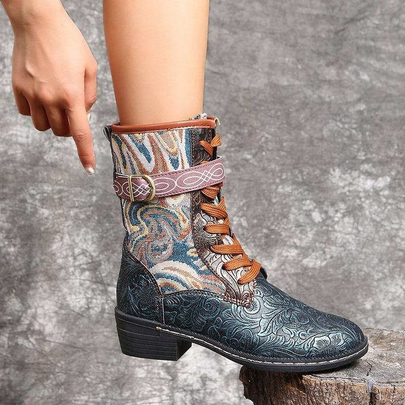 Lace -Up Platform Women Boots Thick Heel Mid -Tube Embroidery Women Boots Elegant Floral Ethnic Women Shoes Mid -Tube Boots Fashion