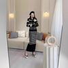 Elegant Knit Stripe Two-Piece Set Womens Slim Fit Top Midi Skirt Suit Casual Office Wear