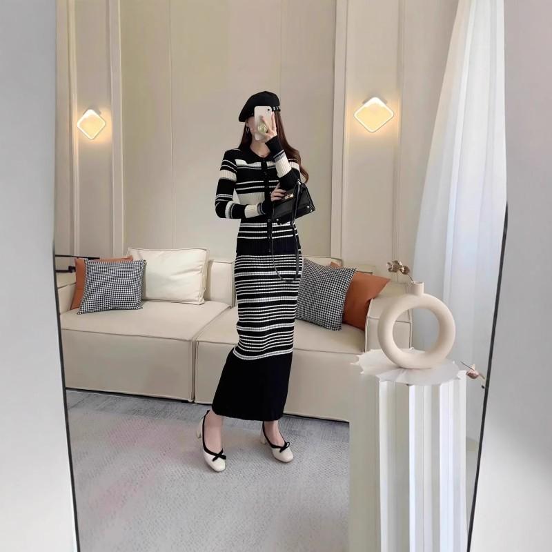 Elegant Knit Stripe Two-Piece Set Womens Slim Fit Top Midi Skirt Suit Casual Office Wear