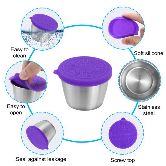 1/6Pcs Dipping Cup Stainless Steel Sauce Cup with Leakproof Lid 70ml Reusable Condiment Container