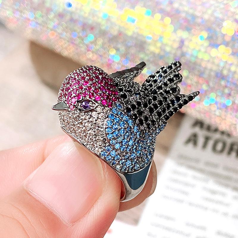 Huitan Rainbow Bird Rings for Women Hyperbole Female Finger Accessories Party Special-interested Girl Gift BlingTrendy Jewelry