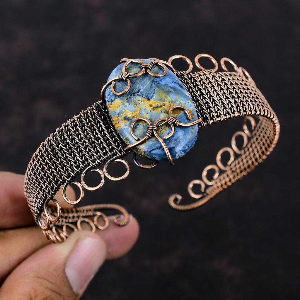Pietersite Cuff Bracelet Copper Wire Wrapped Bangle Handmade Gemstone Jewelry Unique Adjustable Bangle Copper Wire Wrap Jewelry Gift For Mom