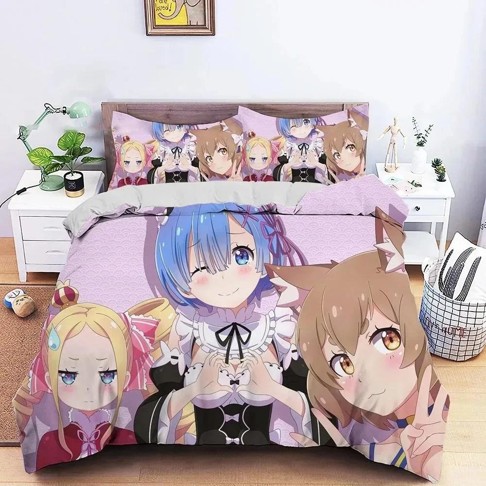 Комплект постельного белья с 3D-принтом аниме Re Zero Рем Рам для мальчиков и девочек, двуспальный, королевский размер, пододеяльник, наволочка, кровать, детский, взрослый, домашний текстиль