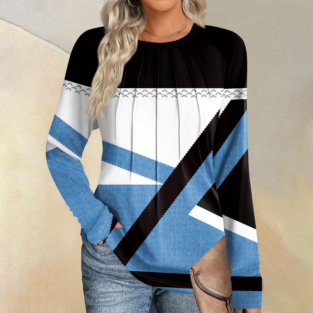 Женская мода повседневная полосатая, цветная пэчворк с длинным рукавом и круглым вырезом