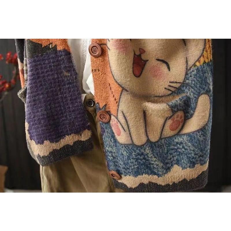 Women's Literary Retro Fall Printing Mink Cardigan Loose Thin Long-sleeved V-neck Knitted Jacket Blouse