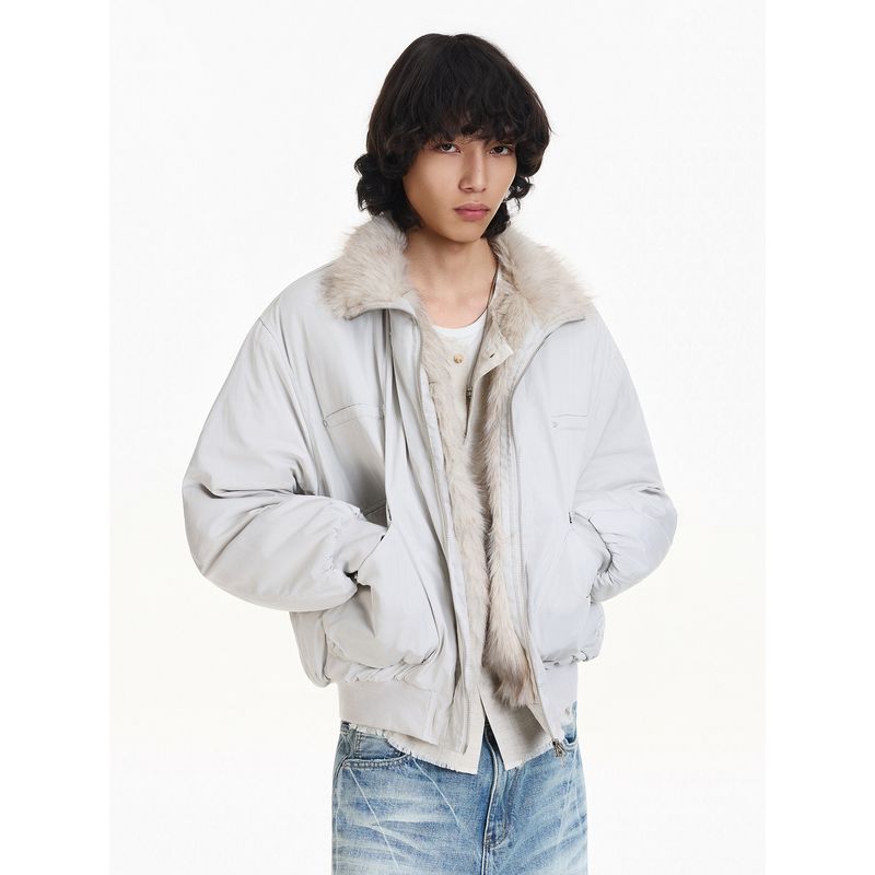 Blaexit American-Style Mountain Carving Fur Collar Parka Short White Cotton Jacket for Men, Winter Thickened Padded Coat for Women