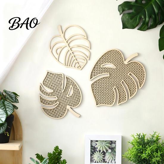 Natural Wood Wall Art 3Pcs Wooden Monstera Decorations, Bohemian Hanging Ornament, Hollow Tropical Leaf Decor for Home Living Room Bedroom Office