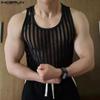 Men Sleeveless See Through Vest Mesh Striped Tank Tops