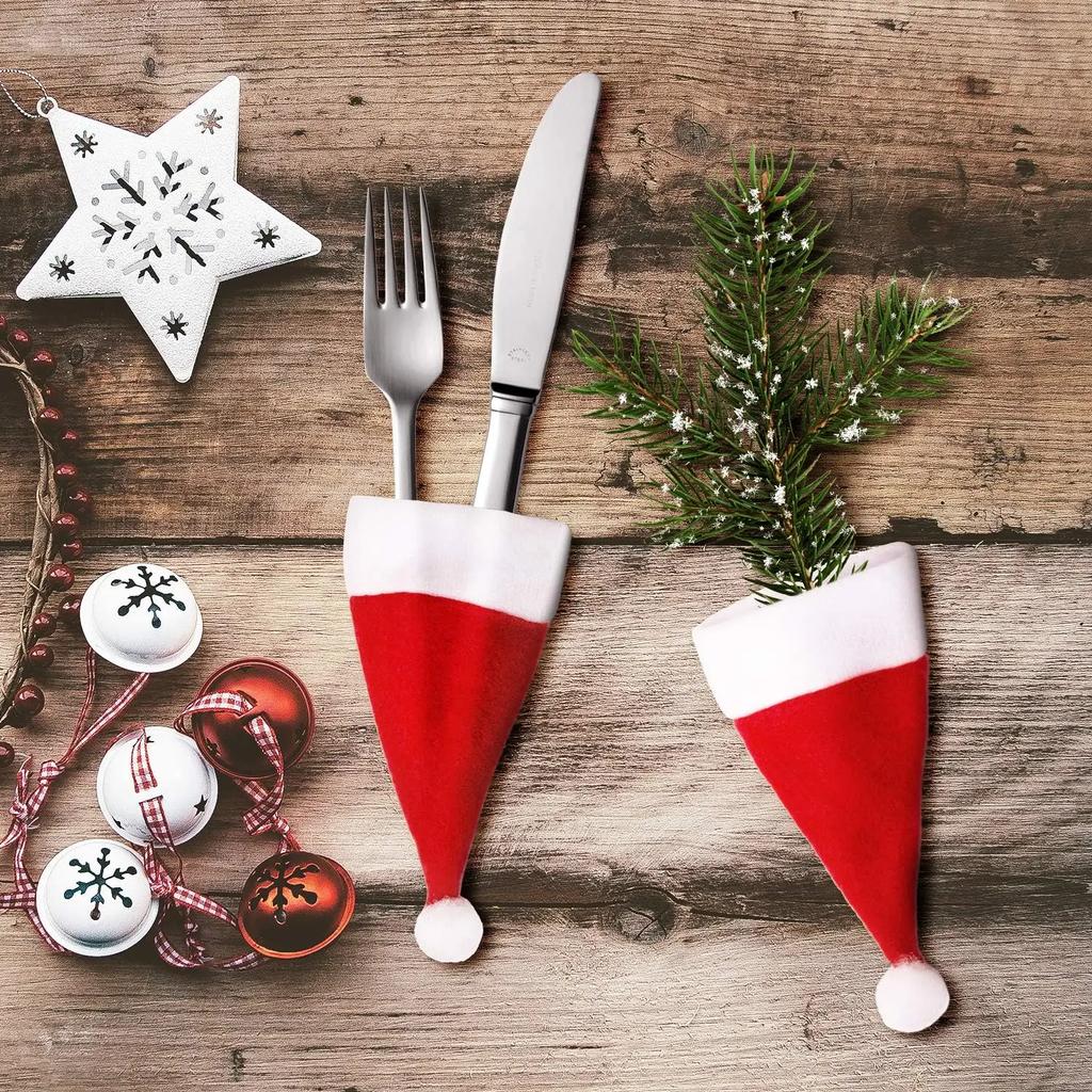 Мини Рождественский Чехол для Столовых Приборов Шапка Санты Набор Нож Вилка Ложка Карманы Сумки Декор Организатор Столовой Посуды для Праздничного Ужина