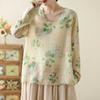 Cotton Linen Printed V-neck Top Women's Short Artistic Shirt Summer Tea Suit Cotton Linen Cool Breeze Shirt