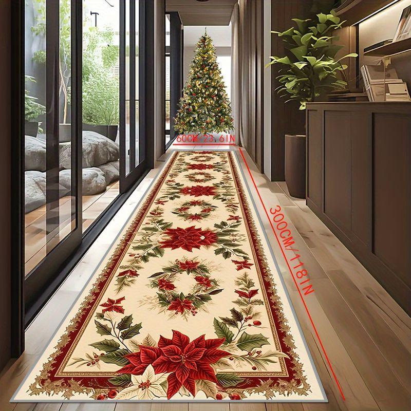 Classic Christmas Floral Border Runner Rug Non‑Slip Long Floor Mat Hallway Entryway Living Room Holiday Home Decoration