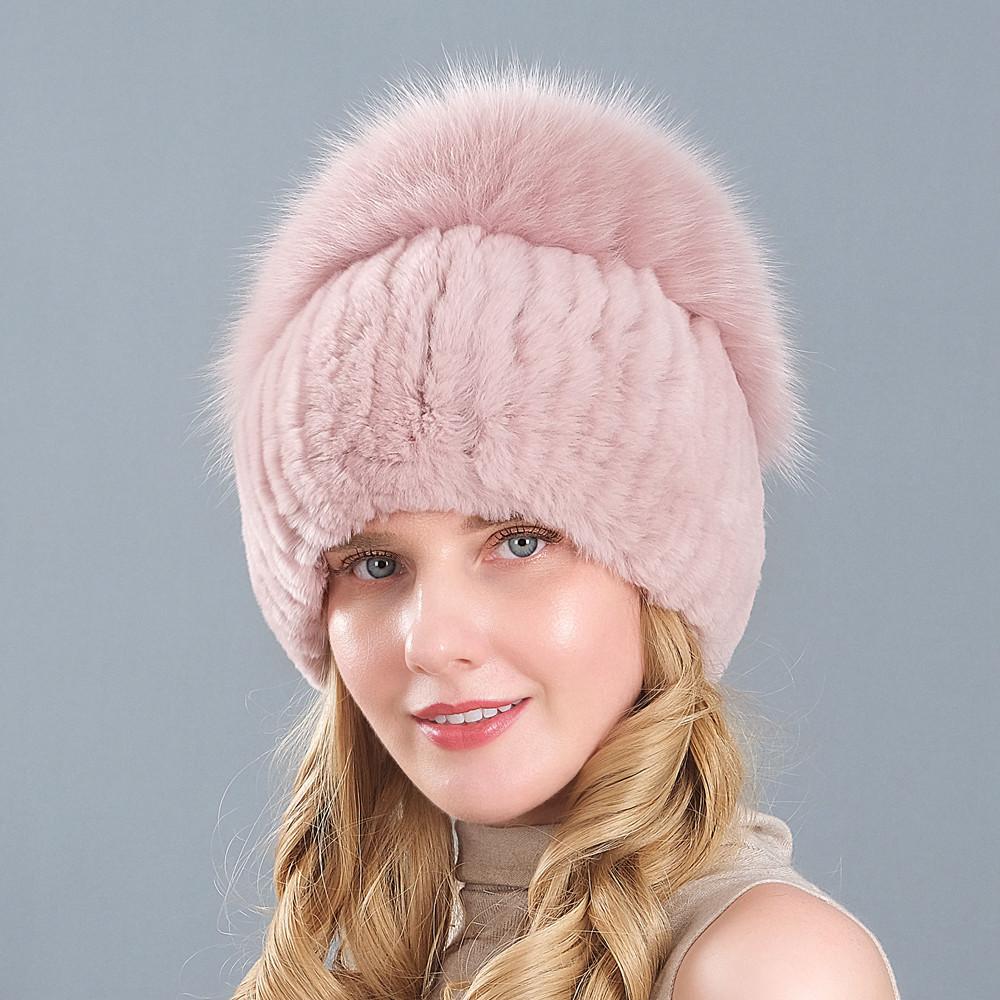 New Style Women Real Genuine Fox Fur Beanies Hat Girls Natural Real Rex Rabbit Fur Skullies Cap Knit Winter Real Fur Hats
