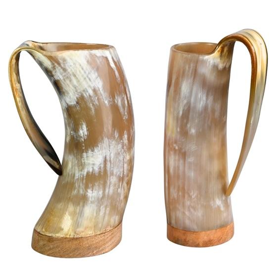 15.24 Cm Handmade Viking Horn Mugs Set of 2m Medieval Mead Cups with Wooden Base