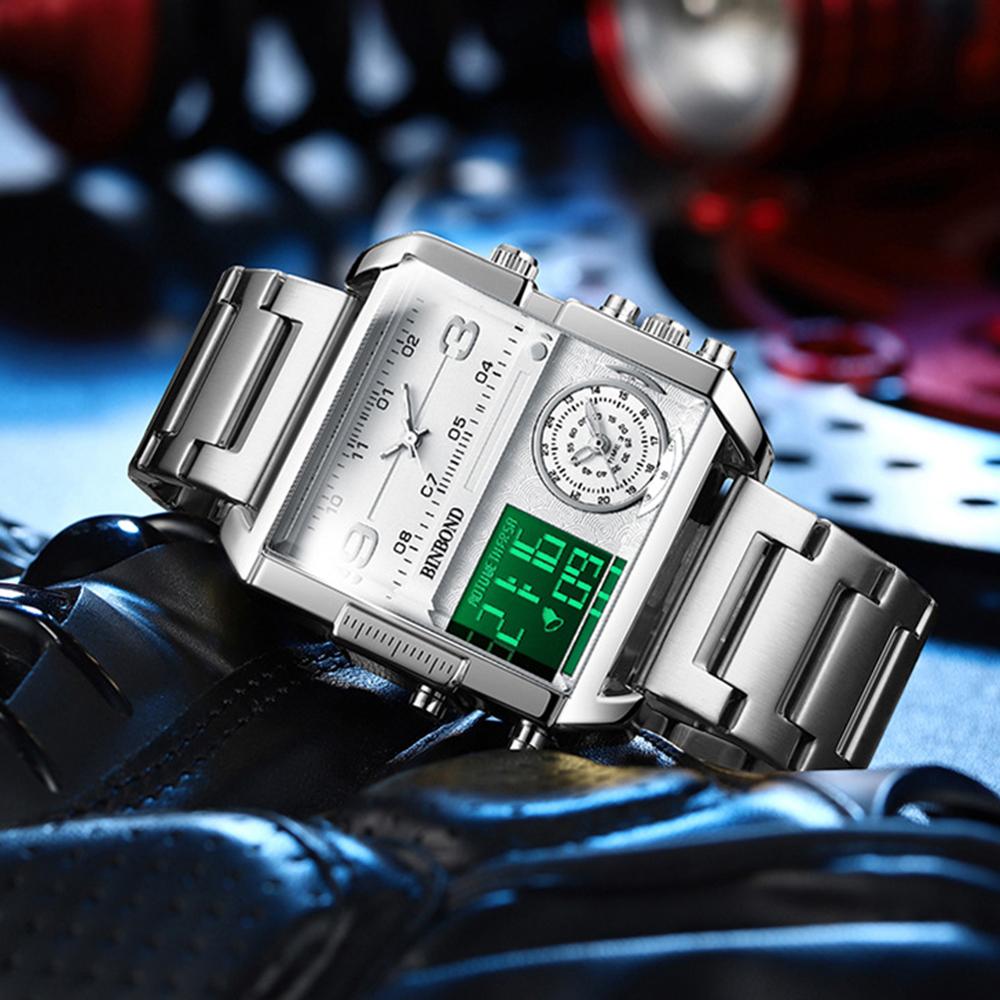 BINBOND Модные квадратные наручные часы с большим циферблатом, кварцевые часы с тремя дисплеями для мужчин, многофункциональные спортивные часы, мужские наручные часы