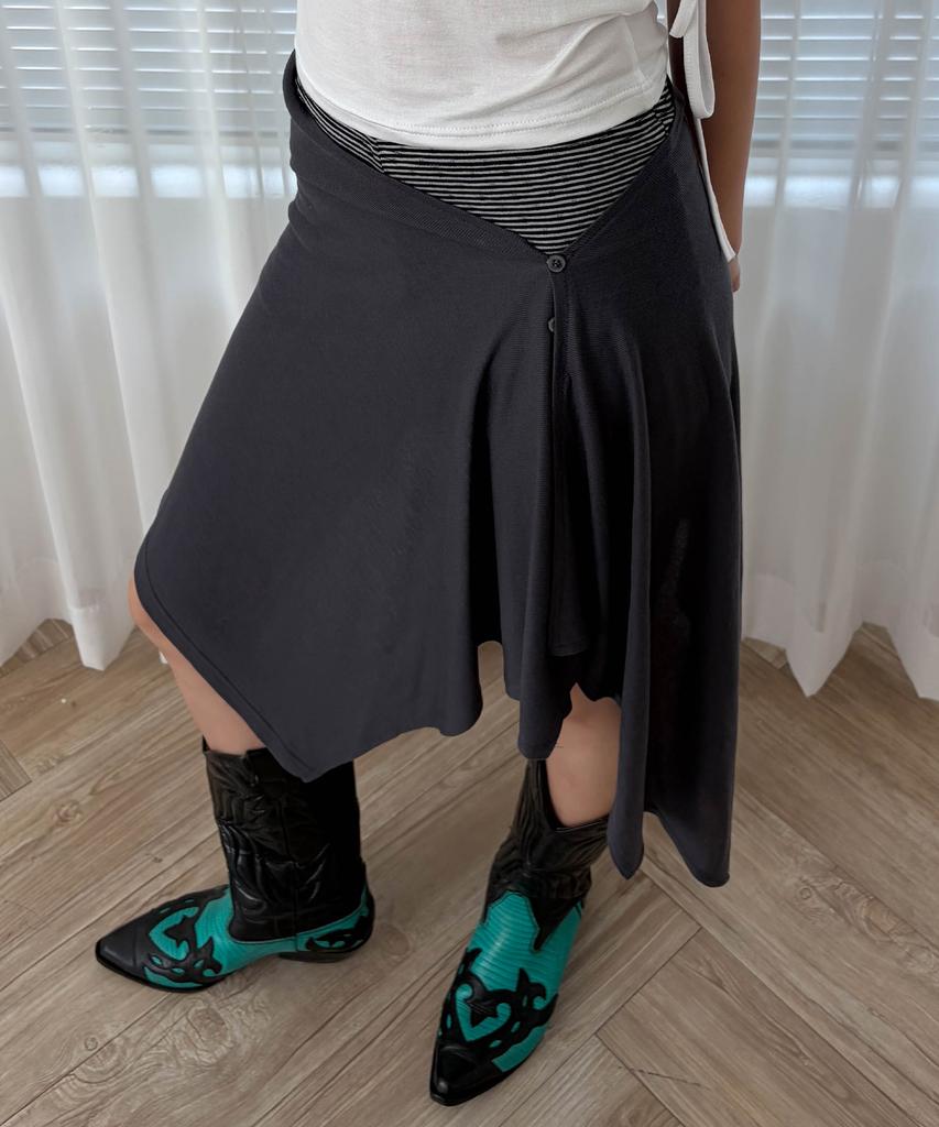 Chix Asymmetrical Button Layered Skirt Charcoal