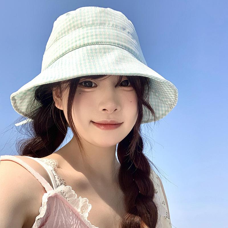 Spring new bow blue plaid fisherman hat children show washbasin hat sunshade sun hat