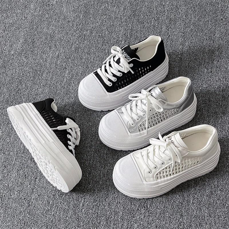 Lightweight Little White Shoes Women's 2025 Summer New Hollow Woven Breathable Board Shoes Short Le Thick Sole Inner Height Increase Women's Shoes