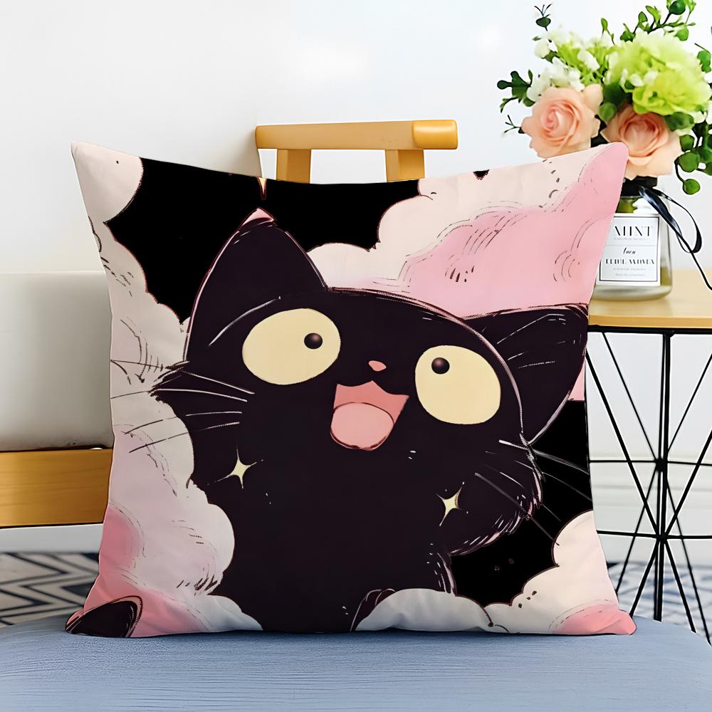 Cute cartoon little black cat Cushion Cover Washable Linen comfort Soft for Sofa Bed Cozy Home Room Decor